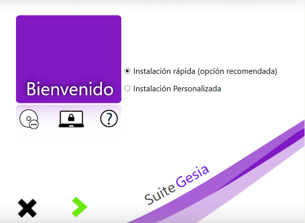 Ventana de bienvenida de GesiUpdate, con las opciones de instalación rápida e instalación personalizada.
