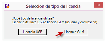 Pantalla de GesiUpdate para elegir el tipo de licencia, con la opción licencia GLM.