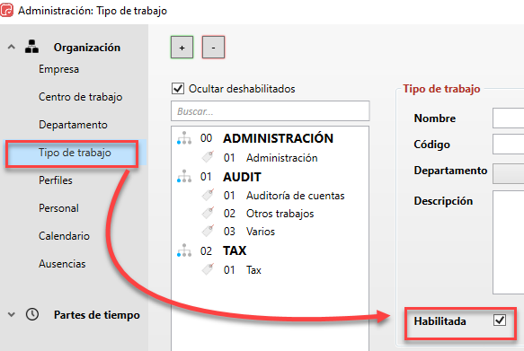 ForTiming tipo de trabajo deshabilitar