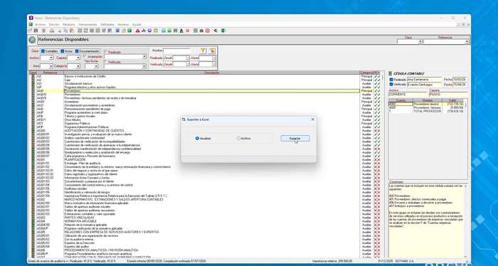 Diálogo de exportación a Excel con opciones de visualizar o guardar como archivo
