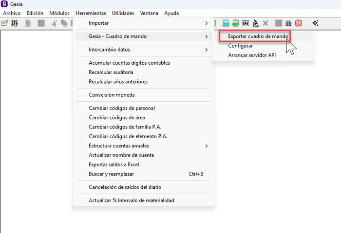 Menú Herramientas › Gesia - Cuadro de mando › Exportar cuadro de mando