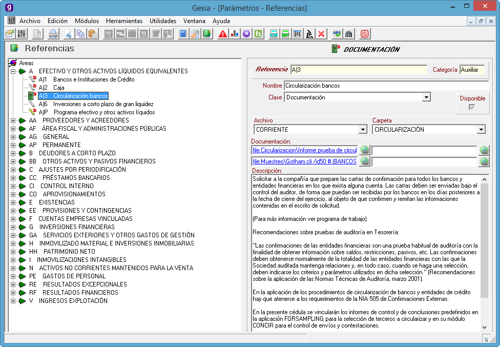 Pantalla de referencias de Gesia: el árbol de áreas de auditoría a la izquierda —efectivo, proveedores, área fiscal, deudores, existencias— y a la derecha la documentación vinculada a la cédula seleccionada.